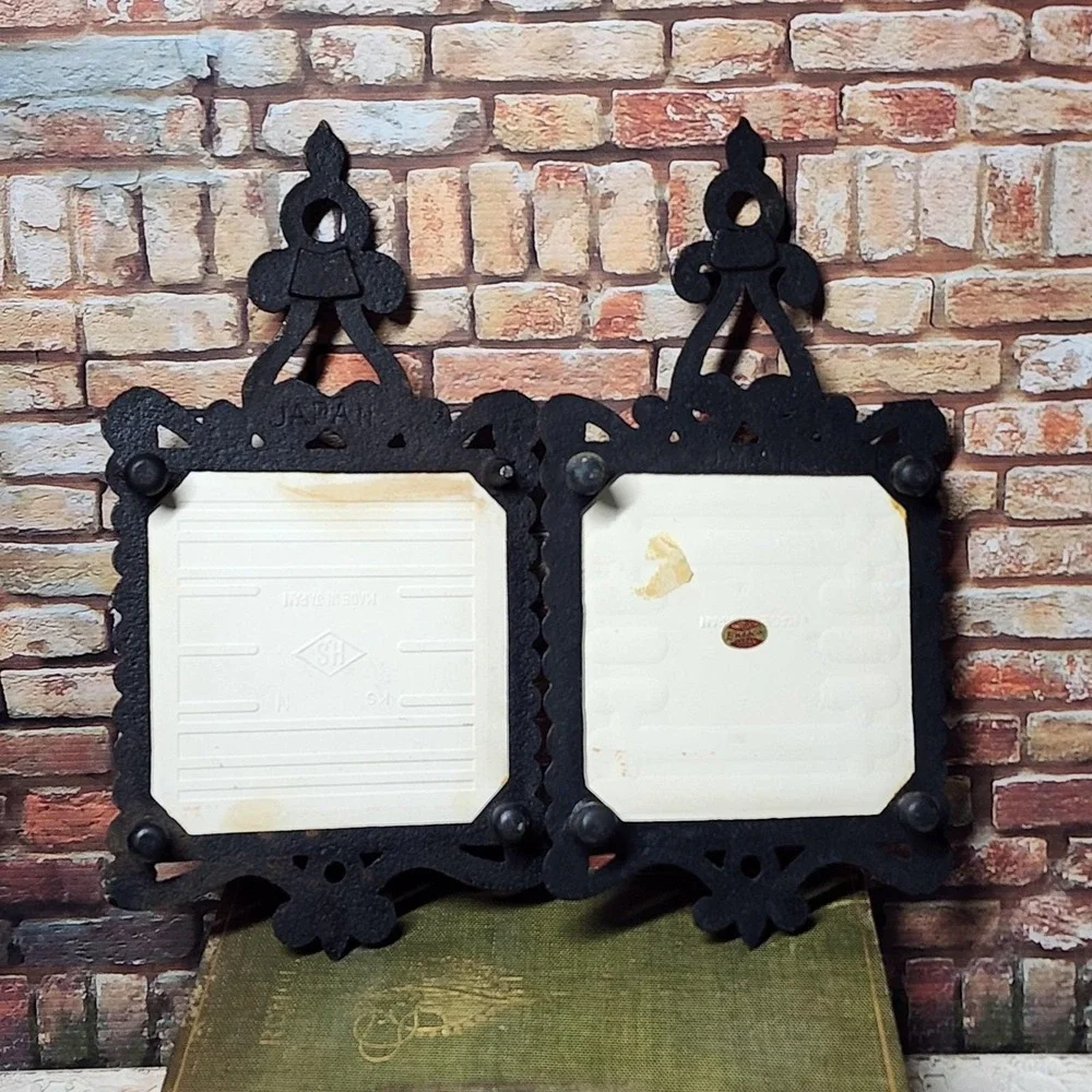 Vintage Enesco‎ Cast Iron Trivets Still Life Wall Plaques Pair Kitchen Japan MCM
